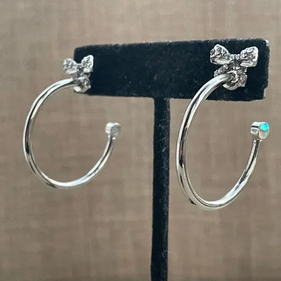 Guess Women Earrings Silver Tone Crystal Bow Hoops Jack Post New - Picture 7 of 11